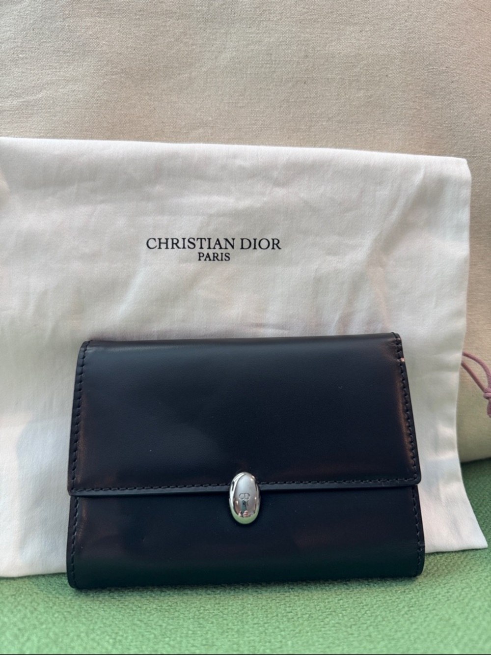 Dior Black Leather Trifold Wallet with Silver-Tone Closure